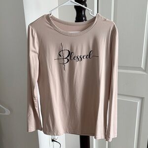 TWO Amazon Women's Blessed & Jesus Long Sleeve Tee - Light Pink/Tan & White